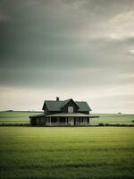 ai gegenereerd houten boerderij huis in groen veld, landschap, illustratie, retro foto