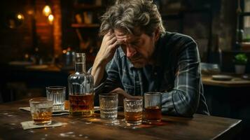 ai gegenereerd emotioneel nood - eenzaam Mens slokjes alcoholisch verdriet Bij de tafel - generatief ai foto