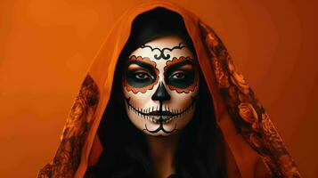 ai gegenereerd vrouw met halloween geïnspireerd eng bedenken en kostuum op zoek Leuk vinden een spookachtig heks foto