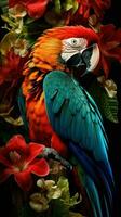 ai gegenereerd mooi ara vogel en kleurrijk voorjaar bloemen foto