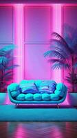 ai gegenereerd mooi modern leven kamer met bank, binnen- planten en neon lichten foto