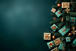 ai gegenereerd vrolijk Kerstmis of gelukkig nieuw jaar grens samenstelling. rustiek achtergrond met Spar boom takken, gouden en turkoois geschenk dozen, glimmend kerstballen, glinsterende sterren. kopiëren ruimte, flatlay foto