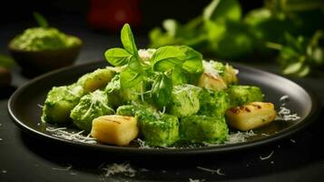 ai gegenereerd rucola gnocchi met erwt pesto foto