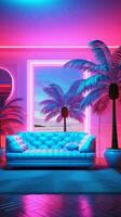 ai gegenereerd mooi modern leven kamer met bank, binnen- planten en neon lichten foto