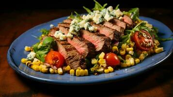 ai gegenereerd balsamico steak gorgonzola salade met gegrild maïs foto