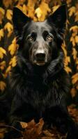 ai gegenereerd een zwart hond zittend in de midden- van een bundel van bladeren foto