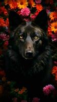 ai gegenereerd zwart wolf en levendig kleurrijk voorjaar bloemen foto