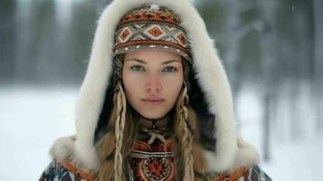 ai gegenereerd een Fins dame in traditioneel sami kleding foto