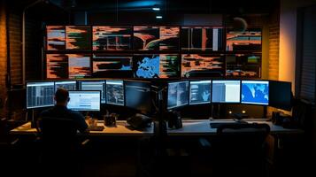 ai gegenereerd cyberveiligheid deskundige monitoren systemen in een donker operaties controle kamer foto