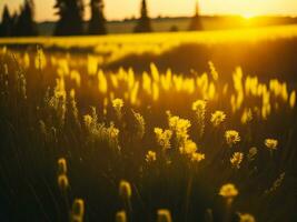 ai gegenereerd abstract zacht focus zonsondergang veld- landschap van geel bloemen en gras weide warm gouden uur zonsondergang zonsopkomst tijd. rustig voorjaar zomer natuur detailopname en wazig Woud achtergrond. foto