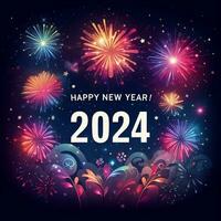 ai gegenereerd een majestueus vuurwerk Scherm verlicht de horizon in een feestelijk Welkom naar gelukkig nieuw jaar 2024 foto