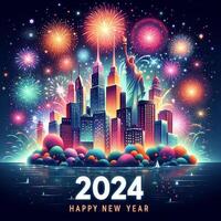 ai gegenereerd een majestueus vuurwerk Scherm verlicht de horizon in een feestelijk Welkom naar gelukkig nieuw jaar 2024 foto