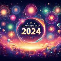 ai gegenereerd een majestueus vuurwerk Scherm verlicht de horizon in een feestelijk Welkom naar gelukkig nieuw jaar 2024 foto