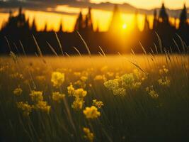 ai gegenereerd abstract zacht focus zonsondergang veld- landschap van geel bloemen en gras weide warm gouden uur zonsondergang zonsopkomst tijd. rustig voorjaar zomer natuur detailopname en wazig Woud achtergrond. foto