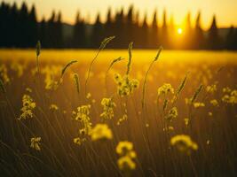 ai gegenereerd abstract zacht focus zonsondergang veld- landschap van geel bloemen en gras weide warm gouden uur zonsondergang zonsopkomst tijd. rustig voorjaar zomer natuur detailopname en wazig Woud achtergrond. foto