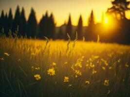 ai gegenereerd abstract zacht focus zonsondergang veld- landschap van geel bloemen en gras weide warm gouden uur zonsondergang zonsopkomst tijd. rustig voorjaar zomer natuur detailopname en wazig Woud achtergrond. foto