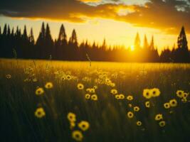 ai gegenereerd abstract zacht focus zonsondergang veld- landschap van geel bloemen en gras weide warm gouden uur zonsondergang zonsopkomst tijd. rustig voorjaar zomer natuur detailopname en wazig Woud achtergrond. foto