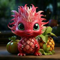 ai gegenereerd 3d tekenfilm realistisch schattig draak fruit foto