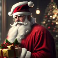 ai gegenereerd Kerstmis de kerstman claus met geschenk doos foto