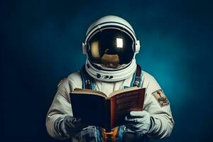 ai gegenereerd schattig ruimtevaarder of astronaut zittend Aan bergtop en lezing boek. foto