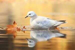 ai gegenereerd een duif tegen een rustig meer met reflecterende wateren foto