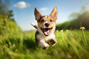 ai gegenereerd een speels en gelukkig huisdier hond puppy rennen in de lente zomer foto