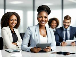 ai gegenereerd glimlachen Afrikaanse Amerikaans zakenvrouw met tablet pc computer in kantoor foto