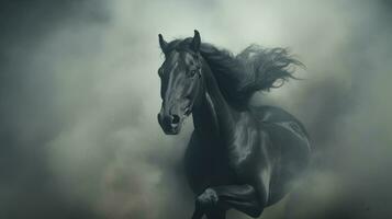 ai gegenereerd majestueus zwart paard opkomend van etherisch rokerig duisternis foto