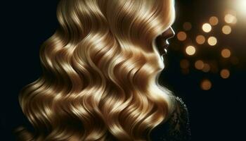 ai gegenereerd schoonheid vrouw met luxueus Rechtdoor blond haar. stralend blond golven in etherisch gloed foto