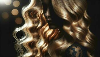 ai gegenereerd schoonheid vrouw met luxueus Rechtdoor blond haar. stralend blond golven in etherisch gloed foto