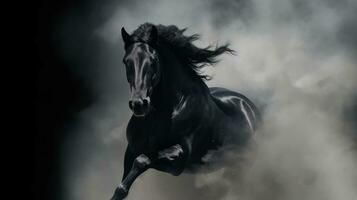 majestueus zwart paard opkomend van etherisch rokerig duisternis foto