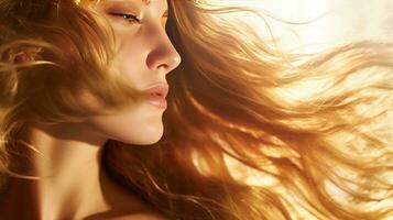 etherisch schoonheid met vloeiende gouden haar- in licht foto