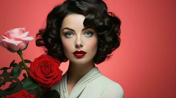 raadselachtig schoonheid Holding rood roos in stralend elegantie foto