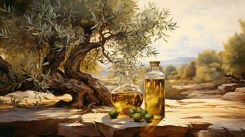 olijf- olie in fles en kruik Aan achtergrond van olijf- boom. generatief ai foto