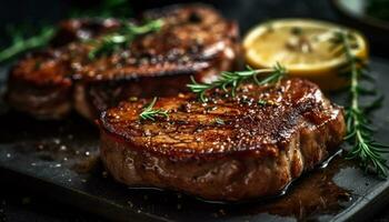 ai gegenereerd gegrild steak, sappig en teder, Aan rustiek houten bord gegenereerd door ai foto