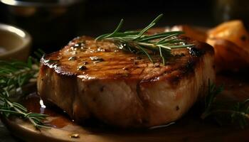 ai gegenereerd gegrild steak, sappig en teder, Aan rustiek houten bord gegenereerd door ai foto