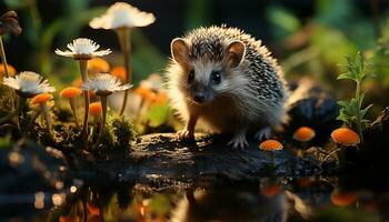 ai gegenereerd schattig egel zittend Aan gras, alarm in herfst Woud gegenereerd door ai foto