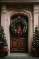 ai gegenereerd een Kerstmis krans Aan een houten bruin voorkant deur. foto