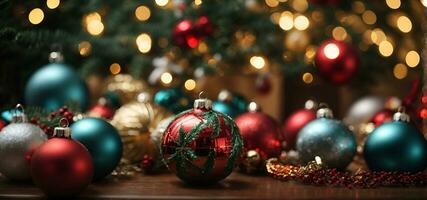 ai gegenereerd kleurrijk Kerstmis kerstballen Aan een houten tafel, met een Kerstmis boom en lichten in de achtergrond. foto