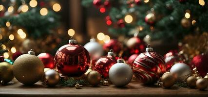 ai gegenereerd Kerstmis kerstballen Aan een houten tafel, met Kerstmis bomen en lichten in de achtergrond. foto