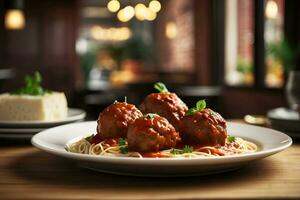 ai gegenereerd een bord van spaghetti en gehaktballen Aan een houten tafel in een knus restaurant. foto