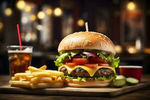 ai gegenereerd cheeseburger en Frans Patat Aan een bord Bij een knus restaurant met Frisdrank. foto
