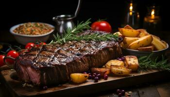ai gegenereerd gegrild steak, varkensvlees, en groenten Aan een fijnproever bord gegenereerd door ai foto