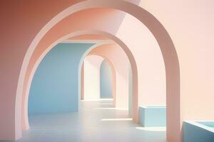ai gegenereerd kamer stijl verdieping decoratie abstract kunst ontwerp hal muur boog licht gang roze foto