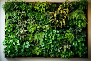 ai gegenereerd struik muur modern groen bladeren gebladerte vers fabriek getextureerde achtergrond park flora foto