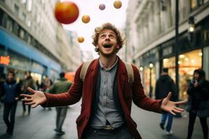 ai gegenereerd stedelijk vent vrolijk portret bedrijf glimlach weg stad straat jong mannen gelukkig mode foto