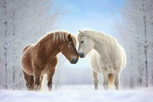 ai gegenereerd sneeuw paarden ruiter wit boerderij hengst verkoudheid schoonheid buiten winter merrie paarden foto