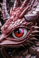 ai gegenereerd detailopname van een rood draak hoofd met oranje ogen in de achtergrond foto