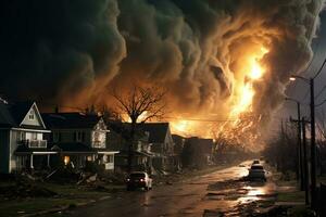 ai gegenereerd brand redden inferno huis noodgeval huis warmte verwoesting gebouw rook ramp foto