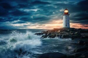 ai gegenereerd kustlijn water natuur vuurtoren Golf atlantic blauw storm wolk nacht donker zee licht foto